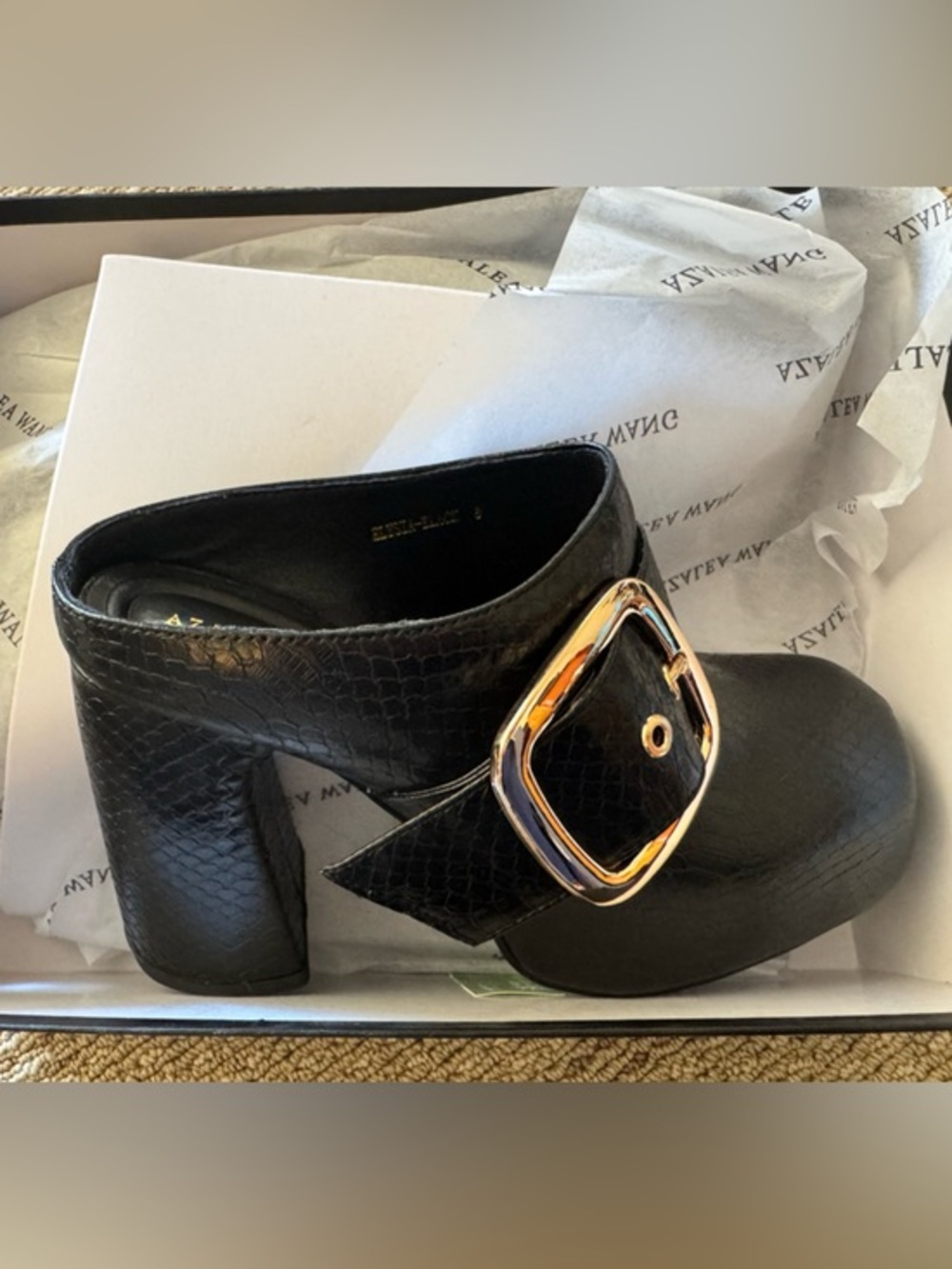 NWT Azalea Wang Black Heeled Mule with Gold Buckle